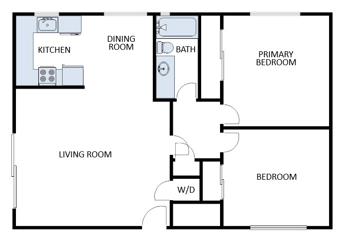 Floor plan for 2 beds, 1 bath, 1000 sqft